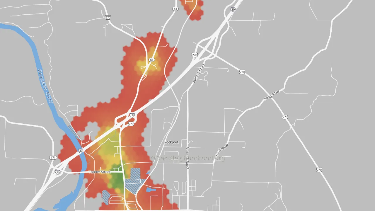 Walk Grade map of Rockport, AR, walkable areas in green and car-dependent areas in red
