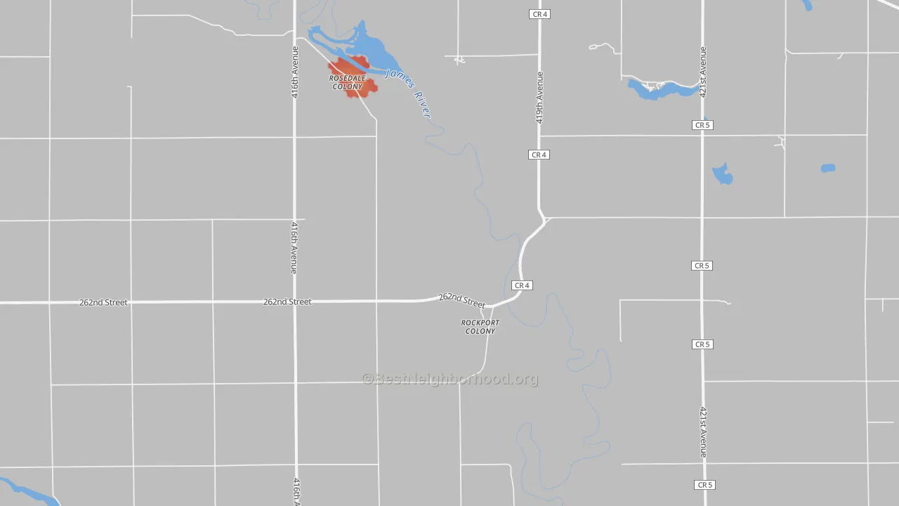 Walk Grade map of Rockport Colony, SD, walkable areas in green and car-dependent areas in red