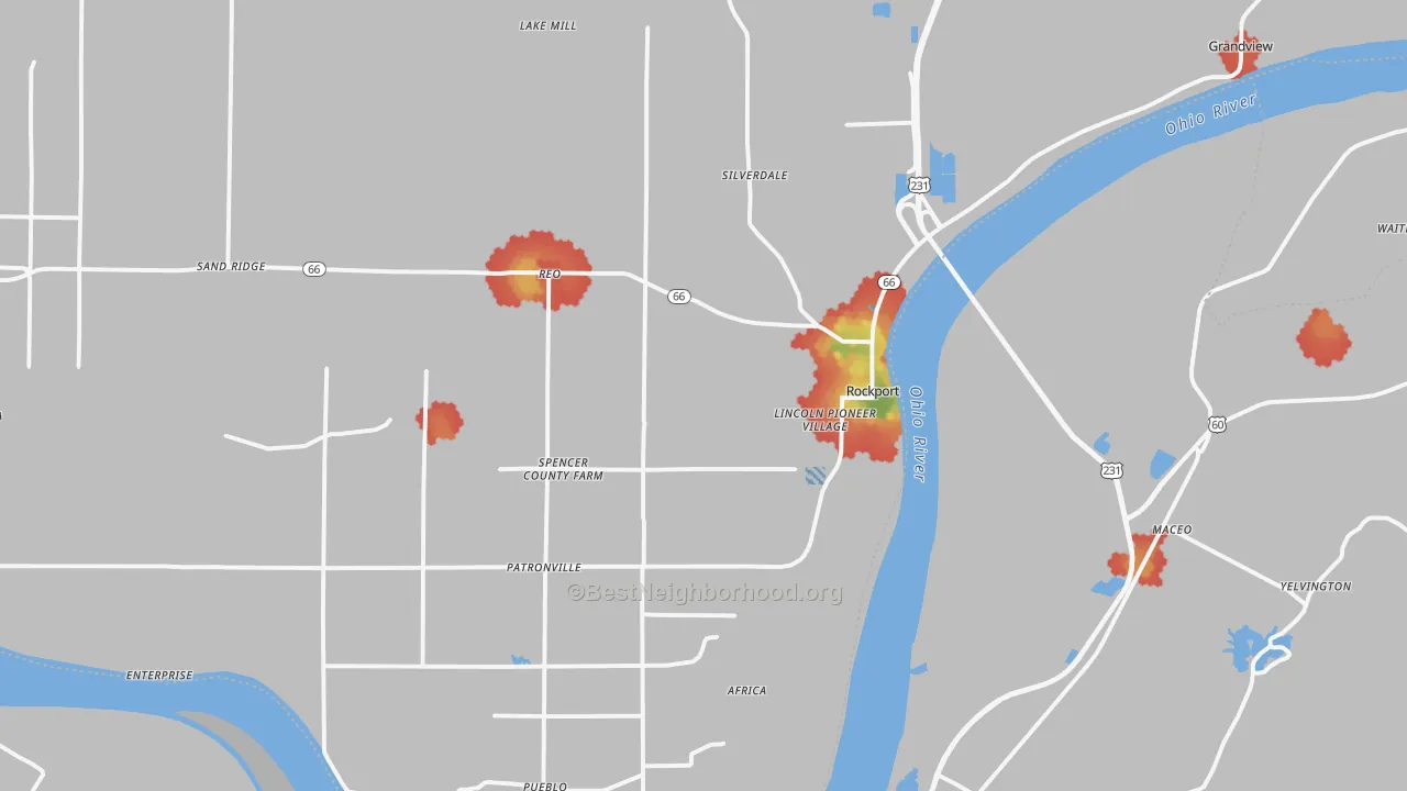 Walk Grade map of Rockport, IN, walkable areas in green and car-dependent areas in red