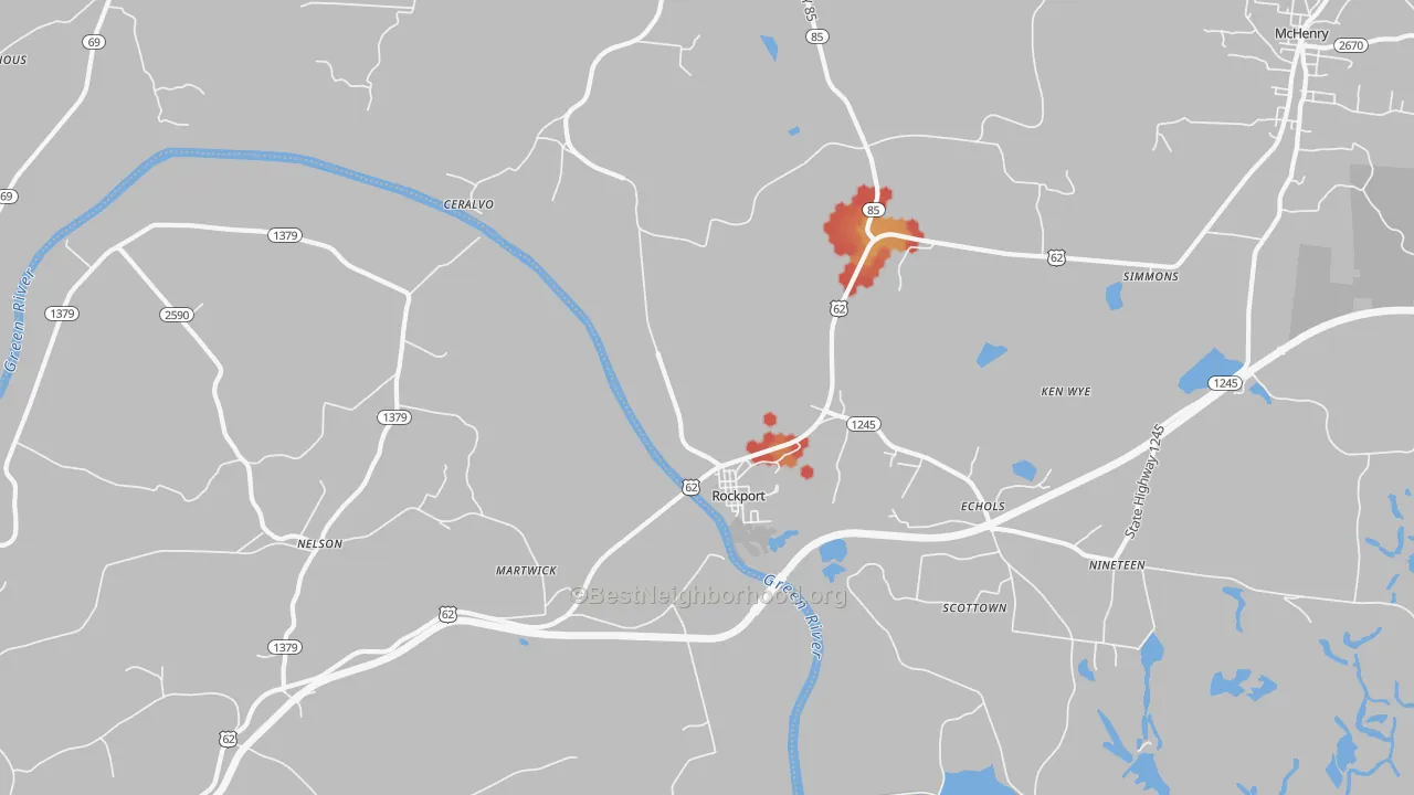 Walk Grade map of Rockport, KY, walkable areas in green and car-dependent areas in red