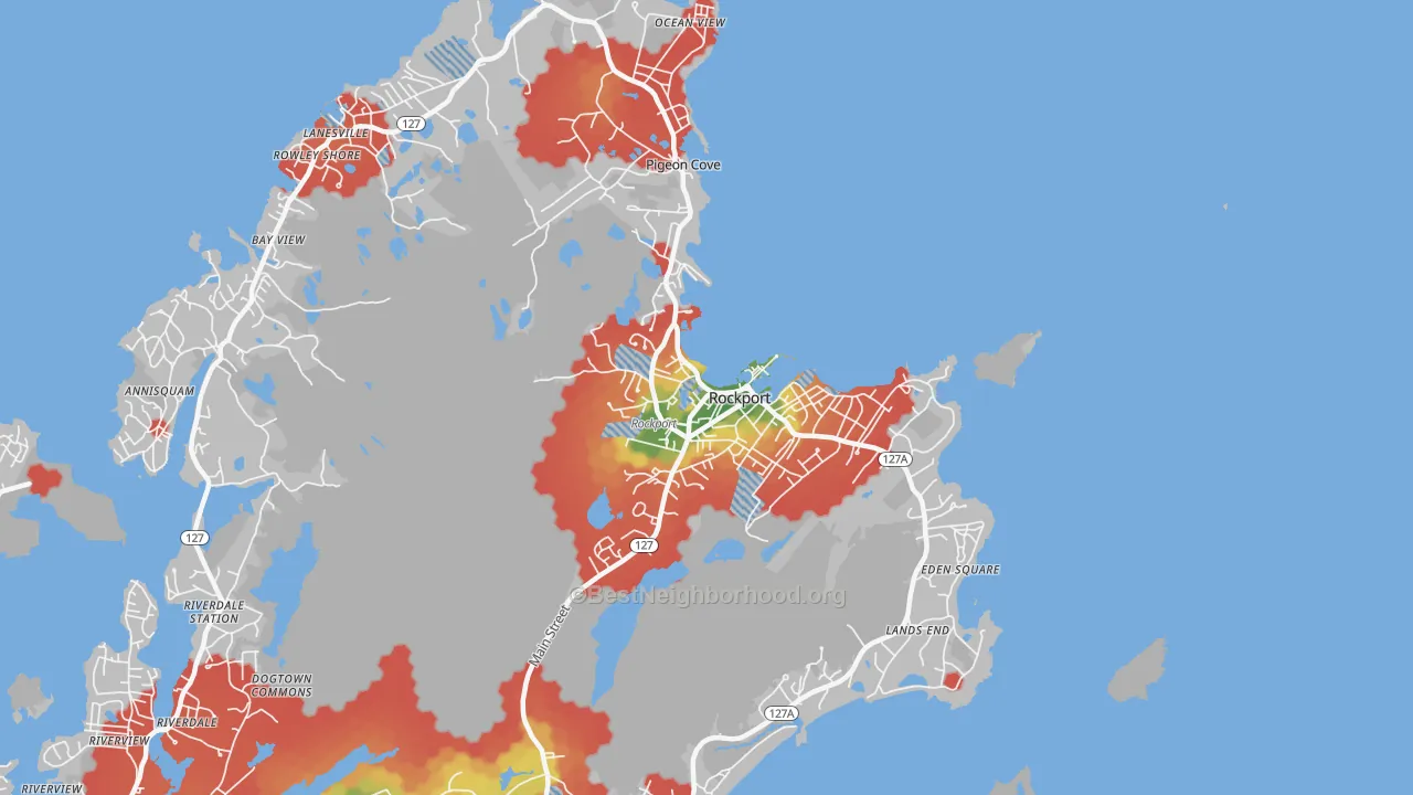Walk Grade map of Rockport, MA, walkable areas in green and car-dependent areas in red