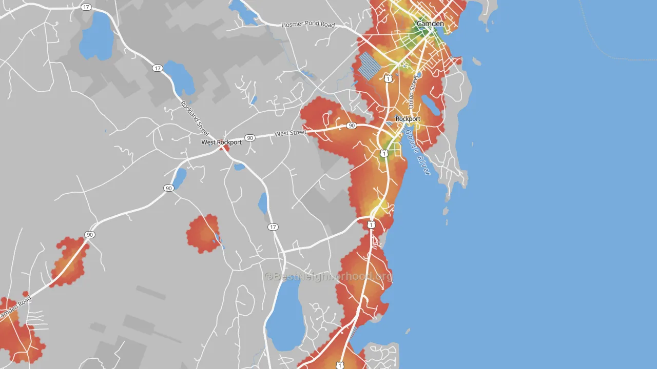 Walk Grade map of Rockport, ME, walkable areas in green and car-dependent areas in red