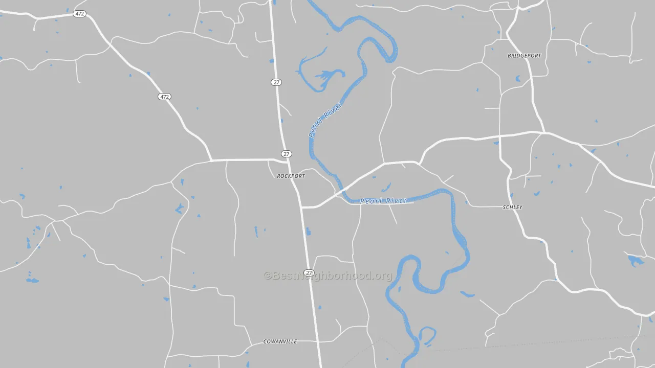Walk Grade map of Rockport, MS, walkable areas in green and car-dependent areas in red
