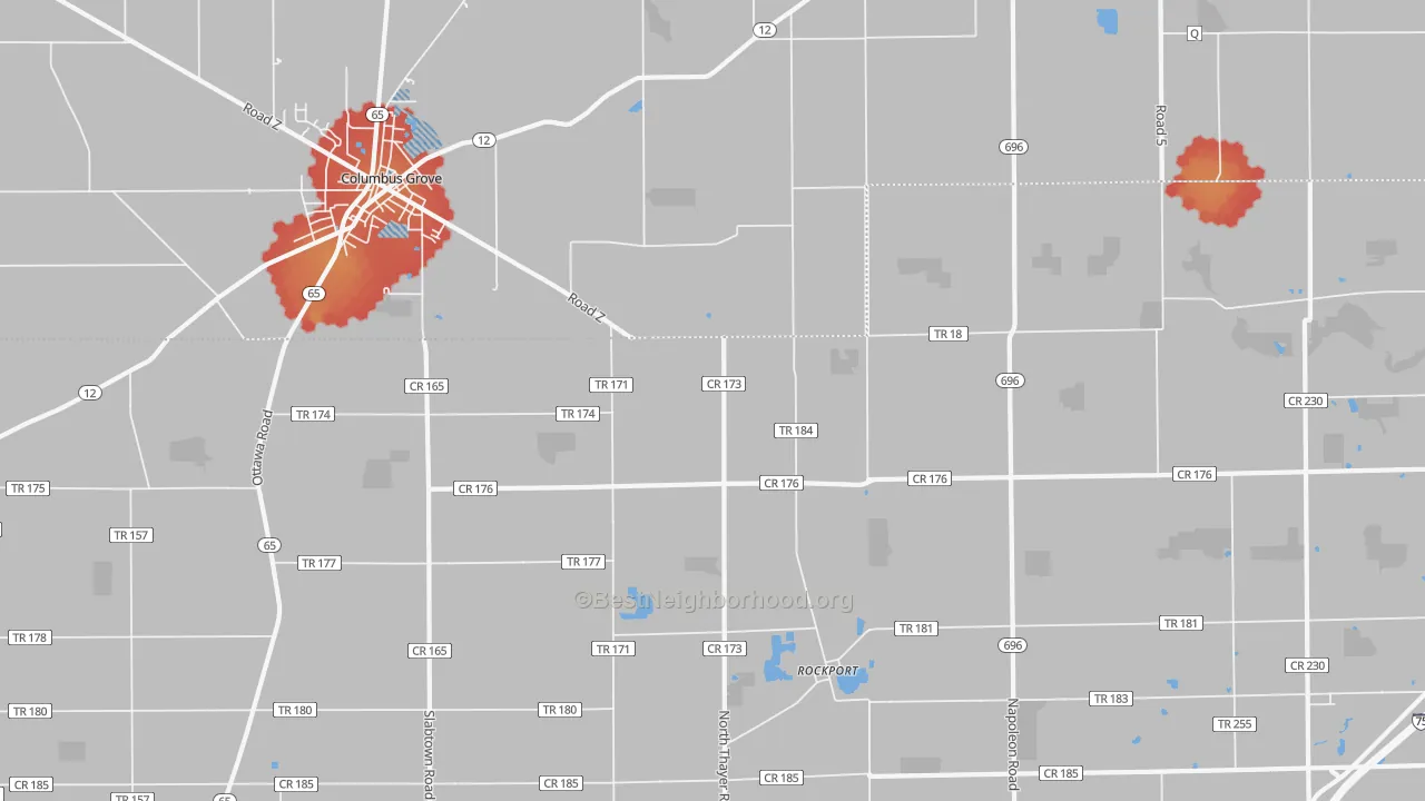 Walk Grade map of Rockport, OH, walkable areas in green and car-dependent areas in red