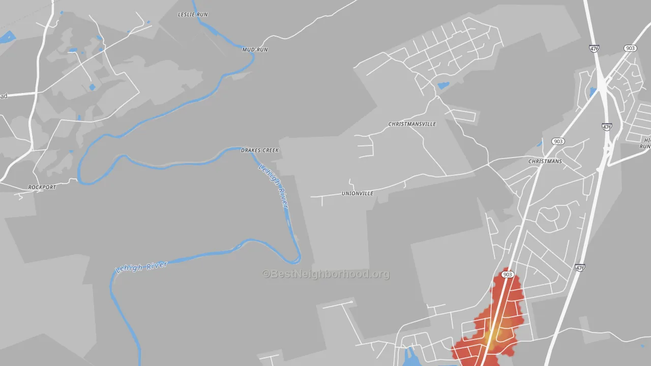 Walk Grade map of Rockport, PA, walkable areas in green and car-dependent areas in red