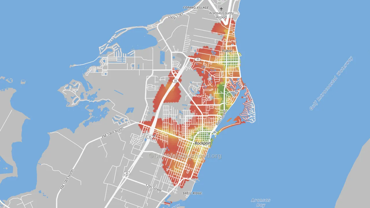 Walk Grade map of Rockport, TX, walkable areas in green and car-dependent areas in red