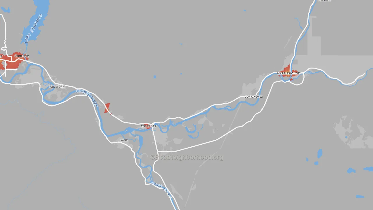 Walk Grade map of Rockport, WA, walkable areas in green and car-dependent areas in red