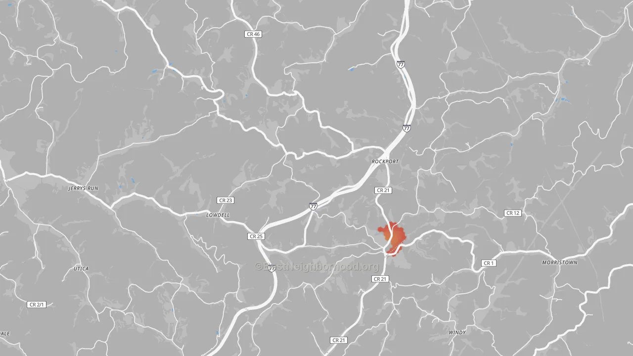 Walk Grade map of Rockport, WV, walkable areas in green and car-dependent areas in red