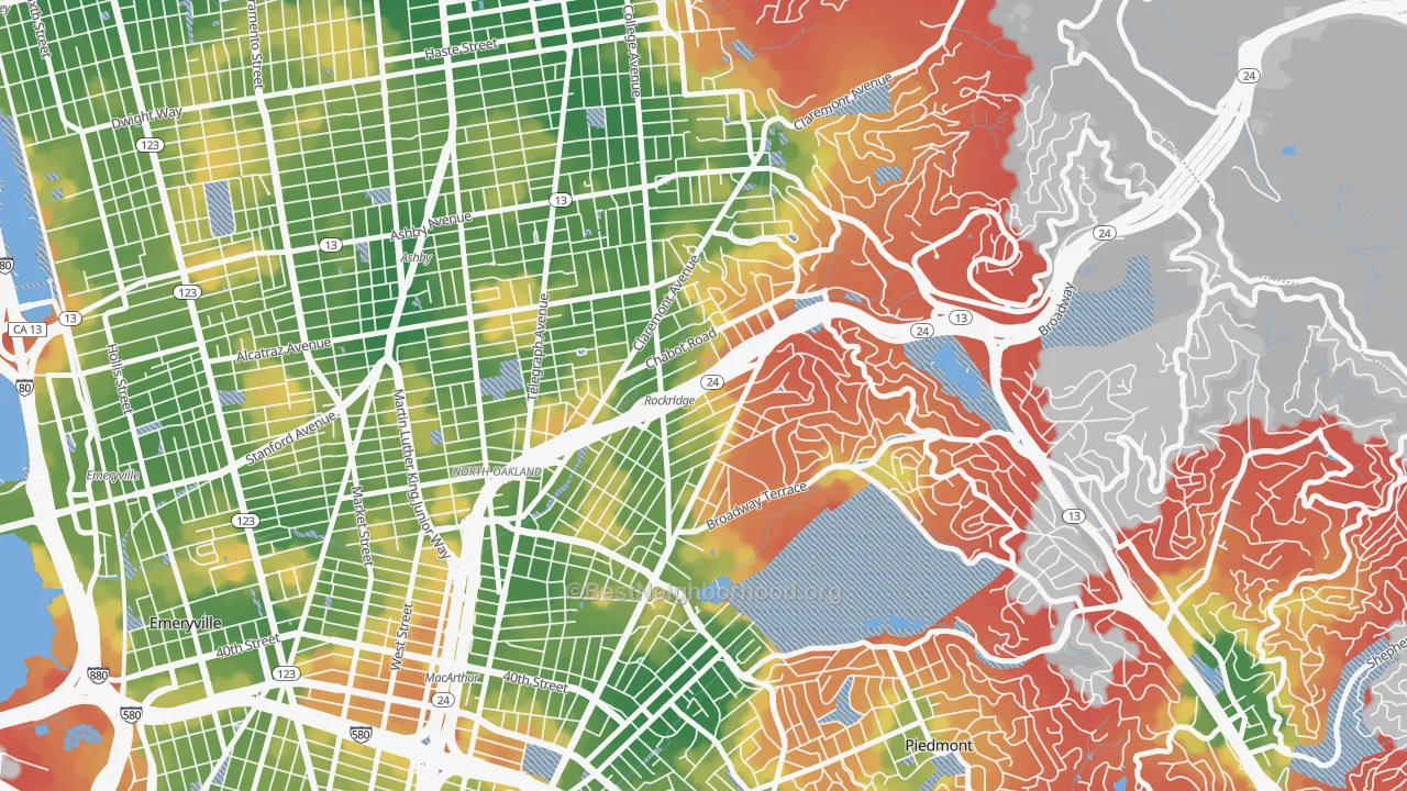 Walk Grade map of Rockridge, Oakland, CA, walkable areas in green and car-dependent areas in red