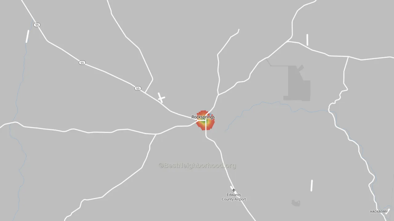 Walk Grade map of Rocksprings, TX, walkable areas in green and car-dependent areas in red