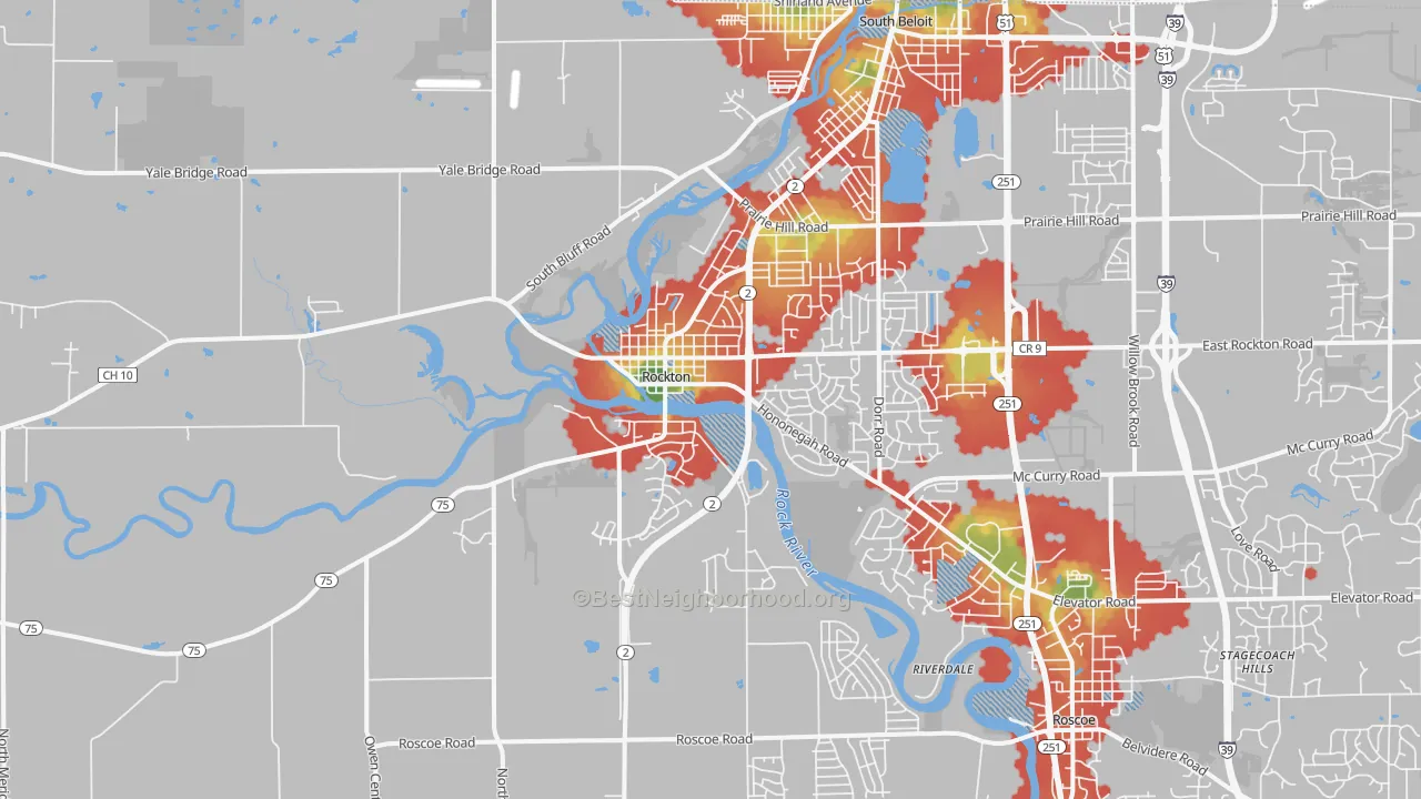 Walk Grade map of Rockton, IL, walkable areas in green and car-dependent areas in red