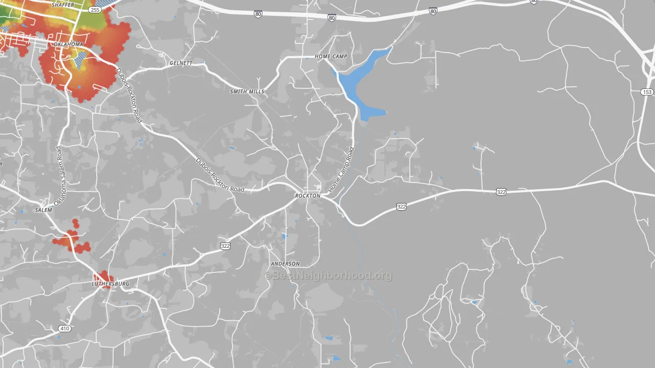 Walk Grade map of Rockton, PA, walkable areas in green and car-dependent areas in red