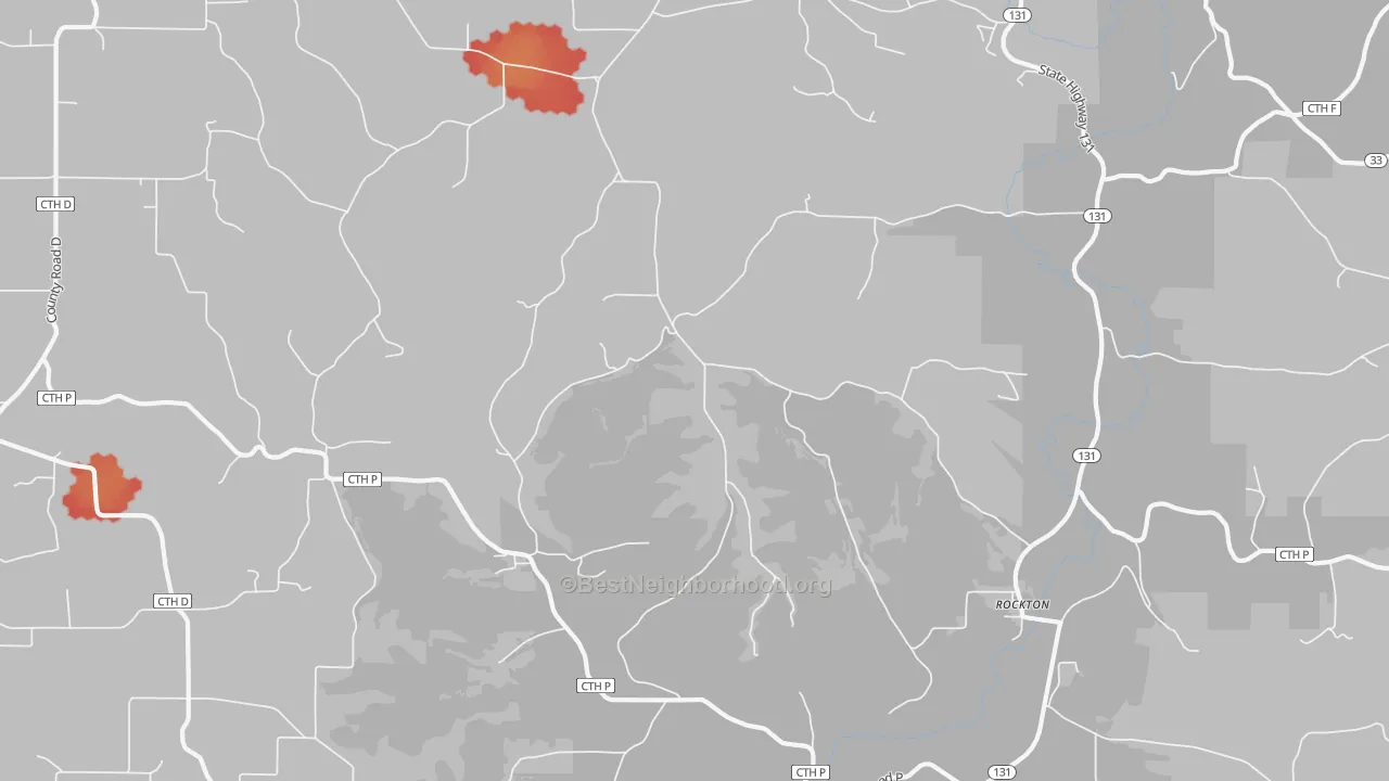 Walk Grade map of Rockton, WI, walkable areas in green and car-dependent areas in red