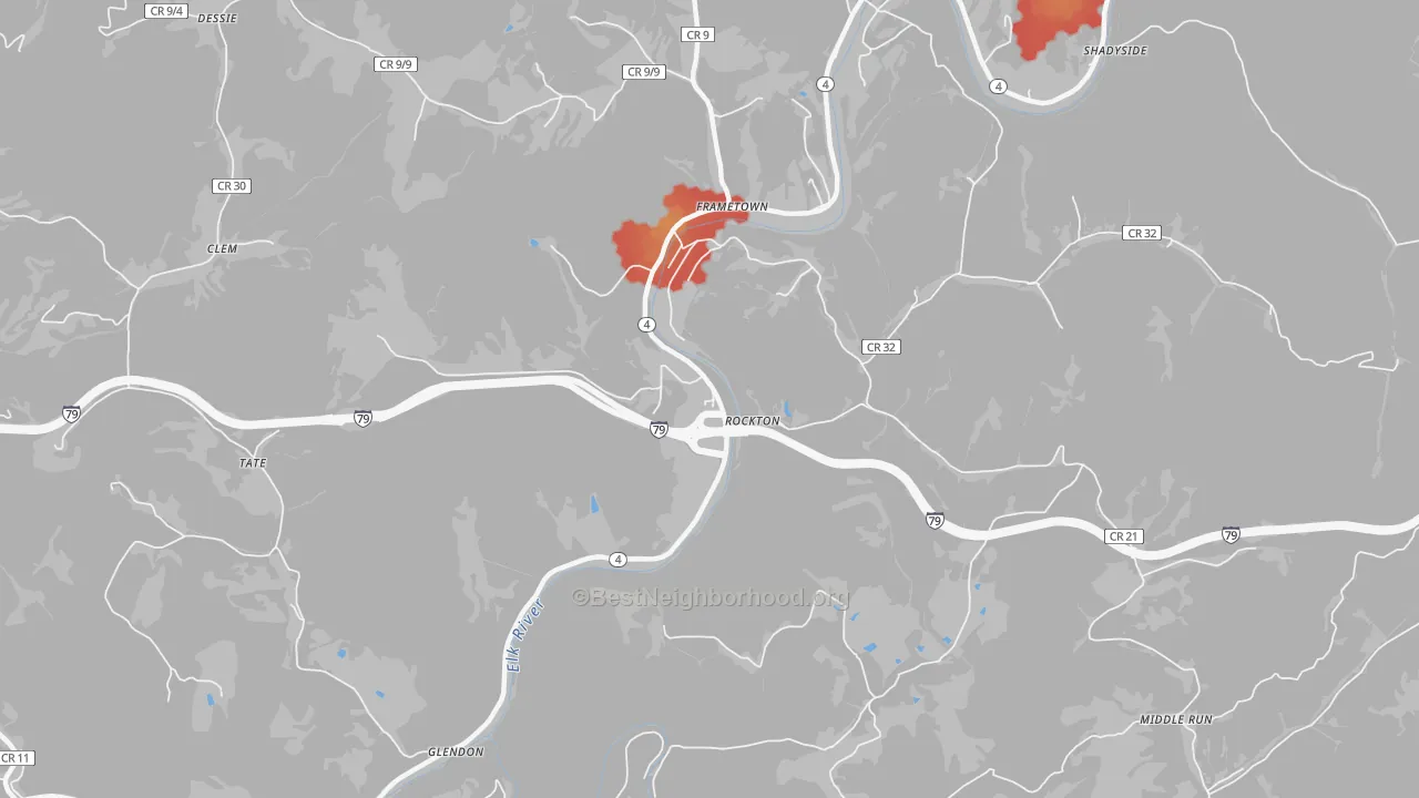 Walk Grade map of Rockton, WV, walkable areas in green and car-dependent areas in red