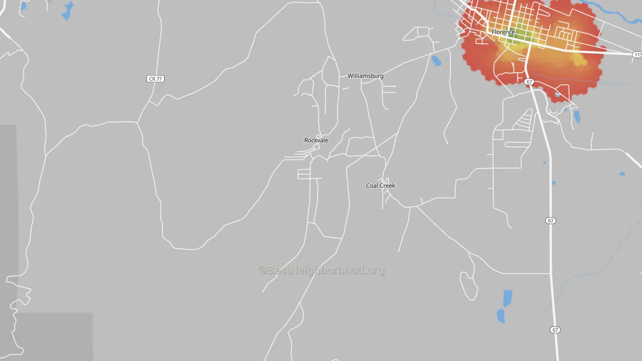 Walk Grade map of Rockvale, CO, walkable areas in green and car-dependent areas in red