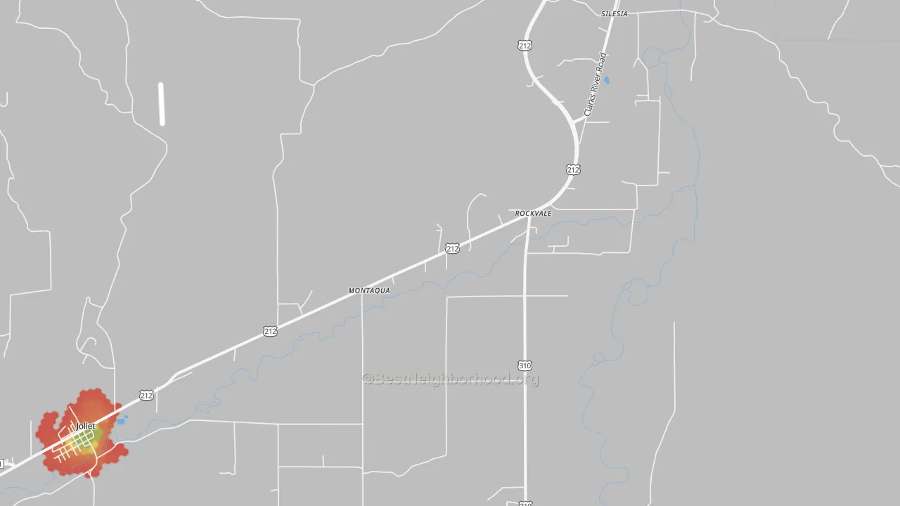 Walk Grade map of Rockvale, MT, walkable areas in green and car-dependent areas in red