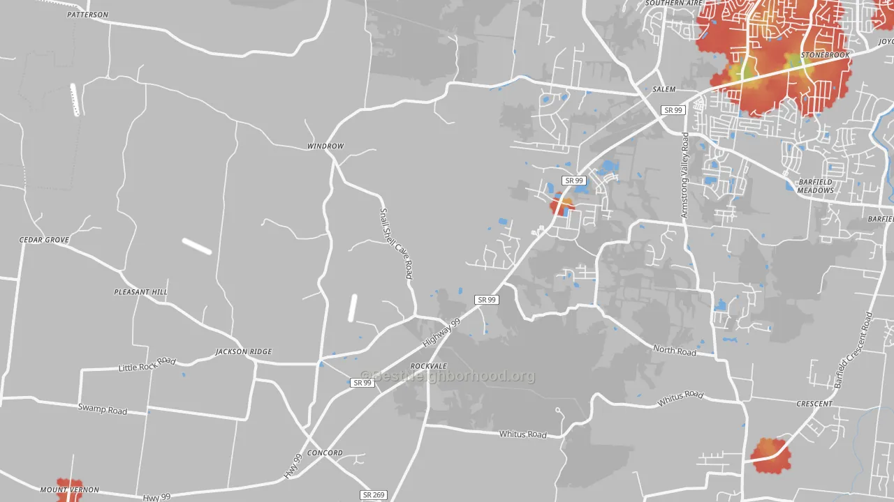 Walk Grade map of Rockvale, TN, walkable areas in green and car-dependent areas in red