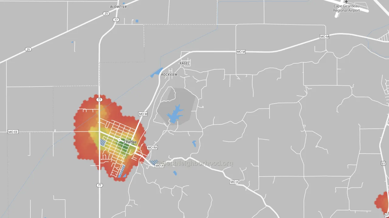 Walk Grade map of Rockview, MO, walkable areas in green and car-dependent areas in red