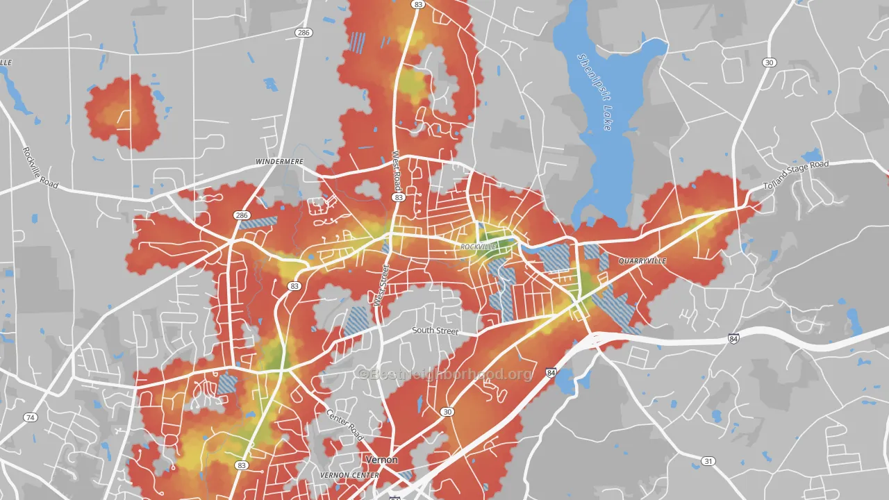 Walk Grade map of Rockville, CT, walkable areas in green and car-dependent areas in red