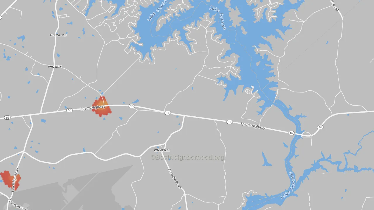 Walk Grade map of Rockville, GA, walkable areas in green and car-dependent areas in red