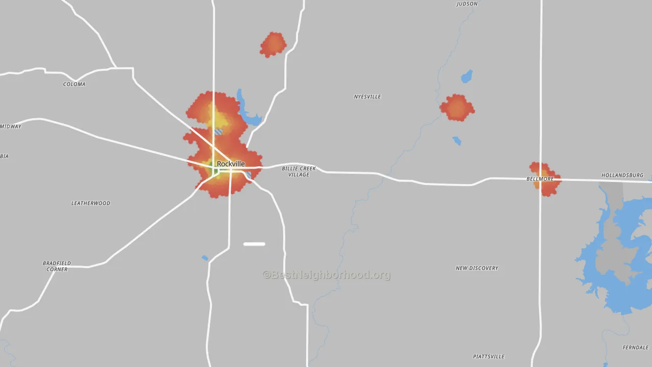 Walk Grade map of Rockville, IN, walkable areas in green and car-dependent areas in red