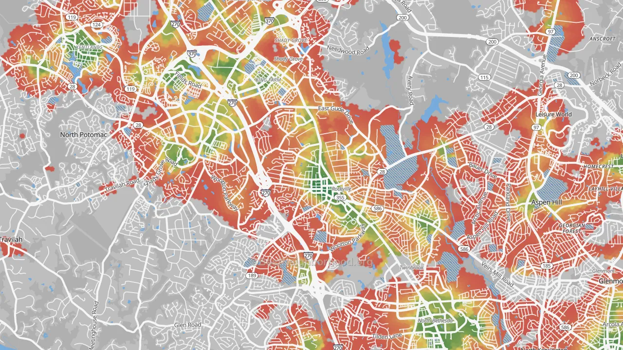 Walk Grade map of Rockville, MD, walkable areas in green and car-dependent areas in red