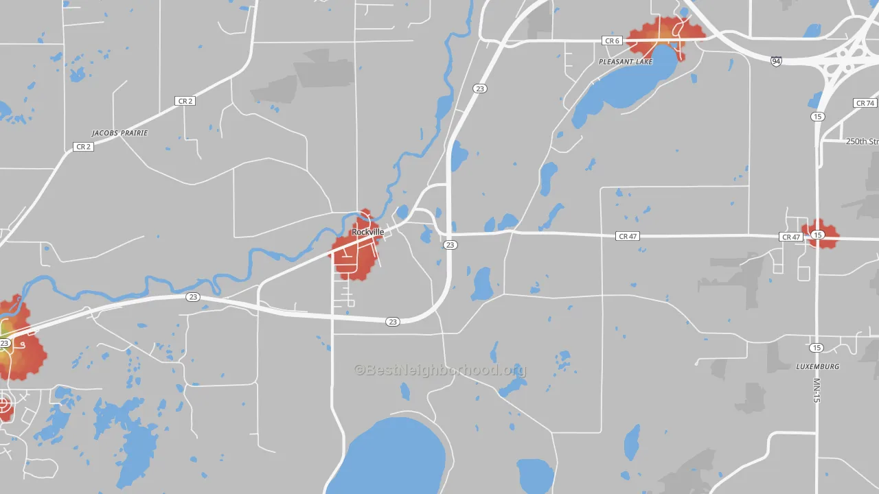 Walk Grade map of Rockville, MN, walkable areas in green and car-dependent areas in red