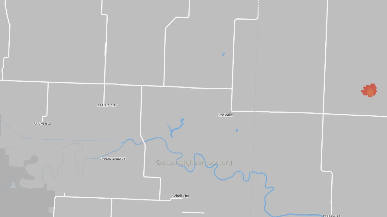 Walk Grade map of Rockville, MO, walkable areas in green and car-dependent areas in red