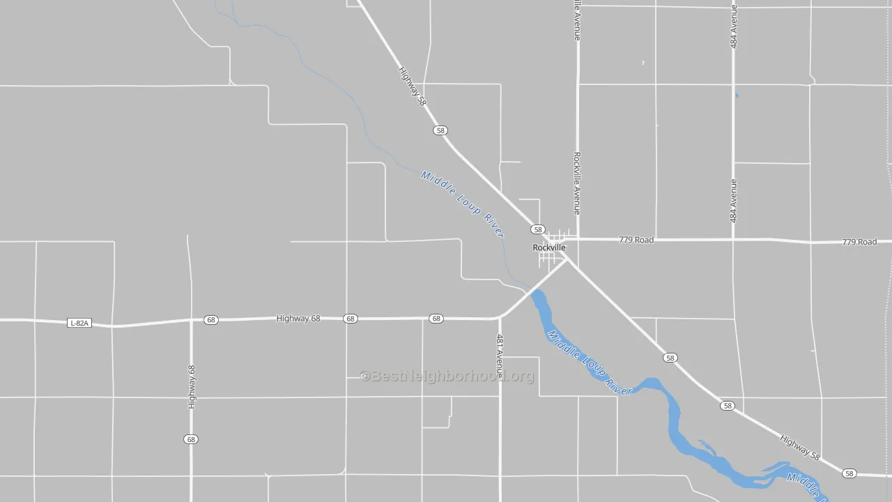 Walk Grade map of Rockville, NE, walkable areas in green and car-dependent areas in red