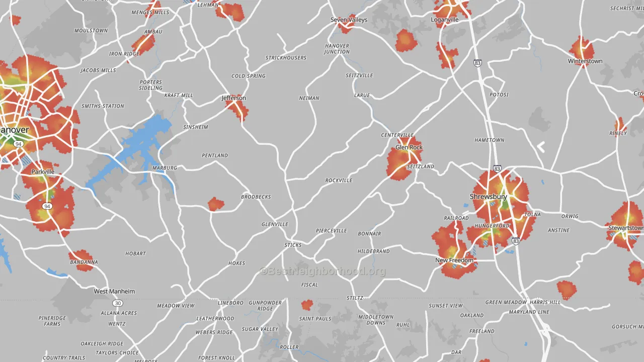 Walk Grade map of Rockville, PA, walkable areas in green and car-dependent areas in red