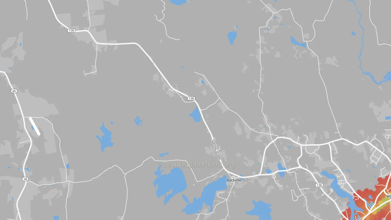 Walk Grade map of Rockville, RI, walkable areas in green and car-dependent areas in red