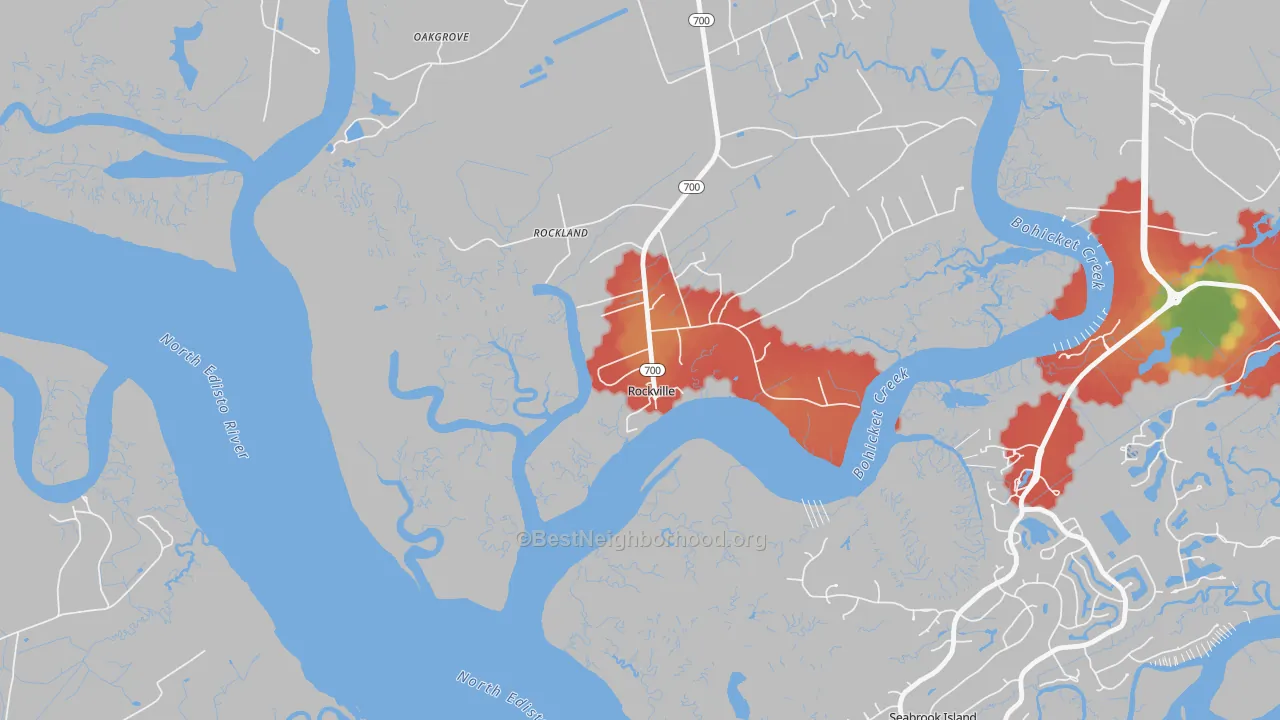 Walk Grade map of Rockville, SC, walkable areas in green and car-dependent areas in red