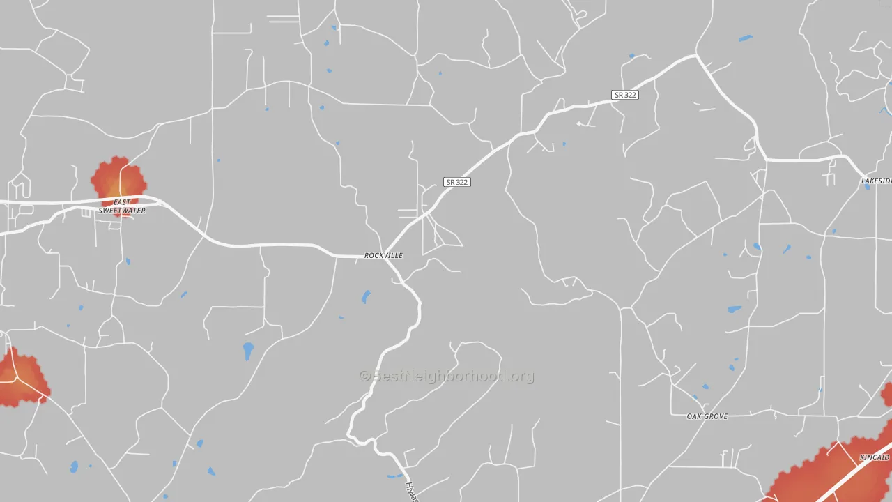Walk Grade map of Rockville, TN, walkable areas in green and car-dependent areas in red