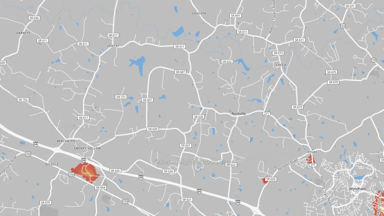 Walk Grade map of Rockville, VA, walkable areas in green and car-dependent areas in red