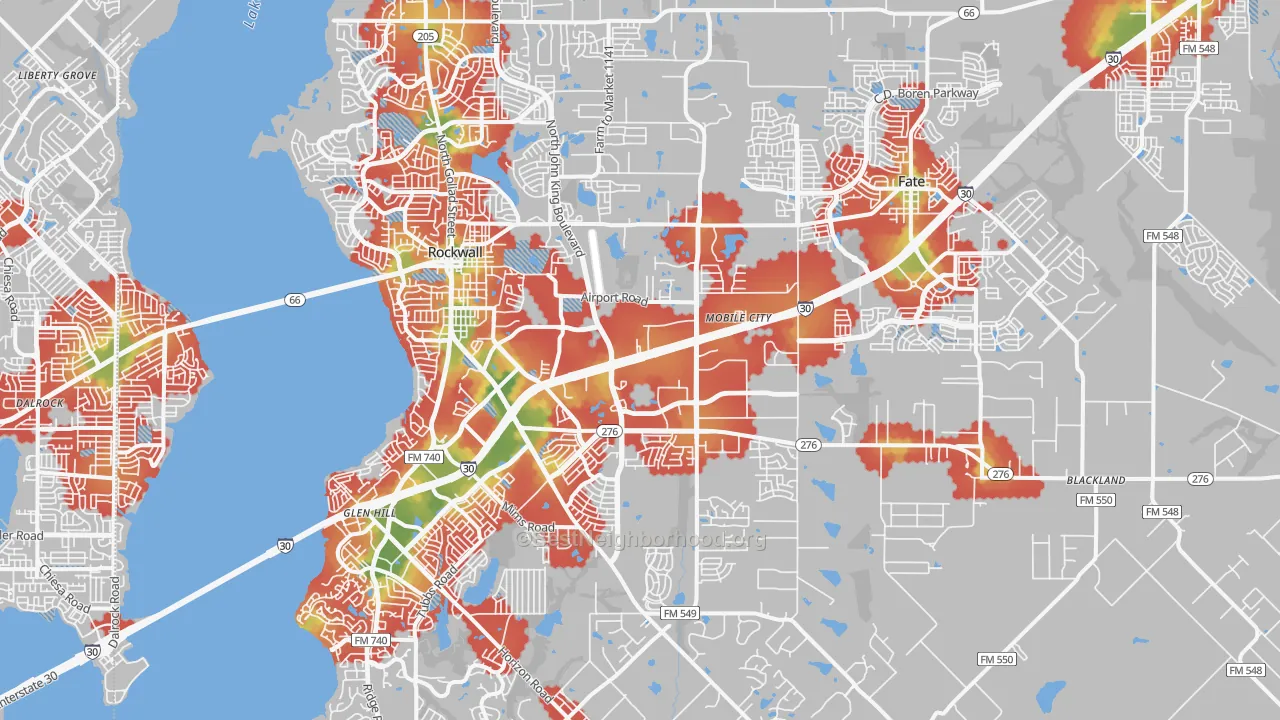 Walk Grade map of Rockwall County, TX, walkable areas in green and car-dependent areas in red