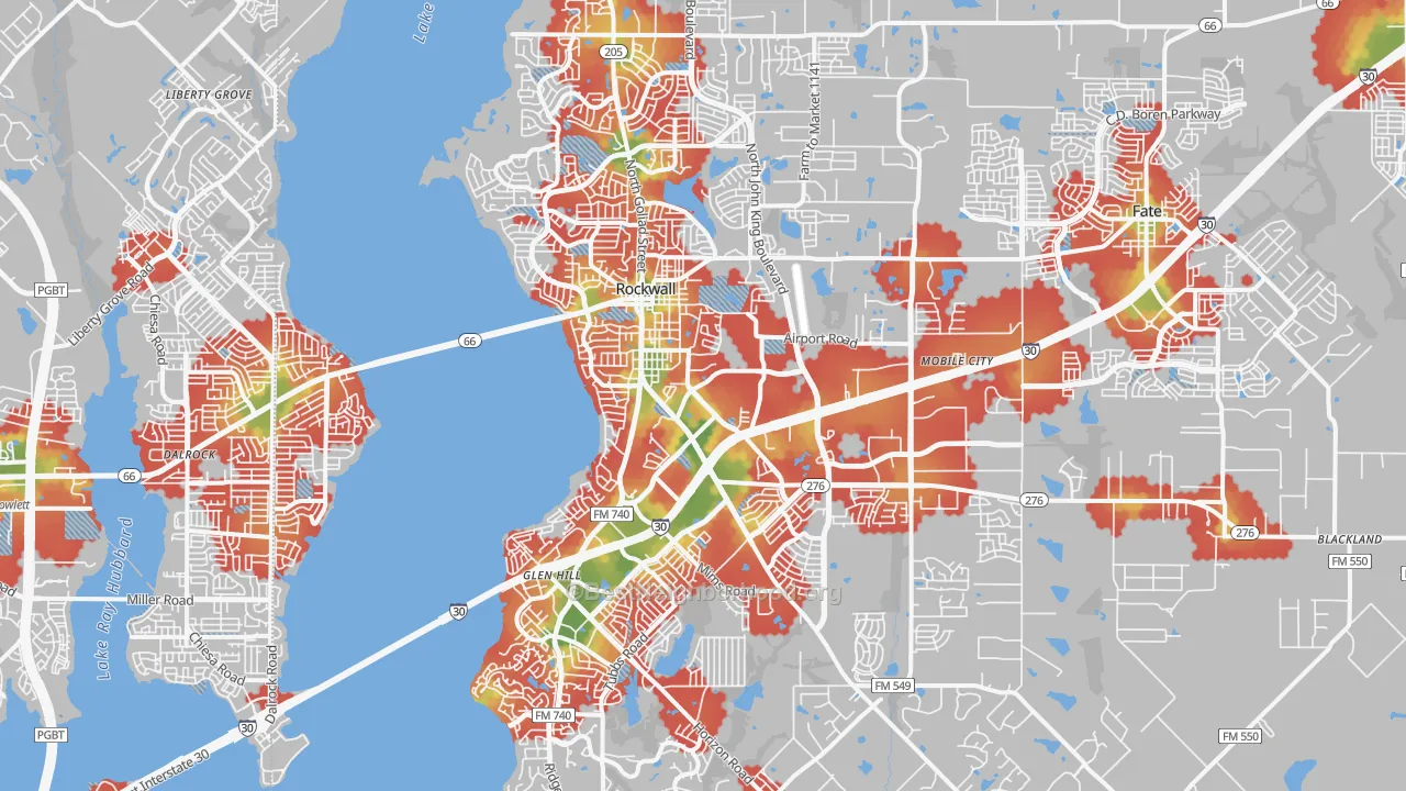 Walk Grade map of Rockwall, TX, walkable areas in green and car-dependent areas in red