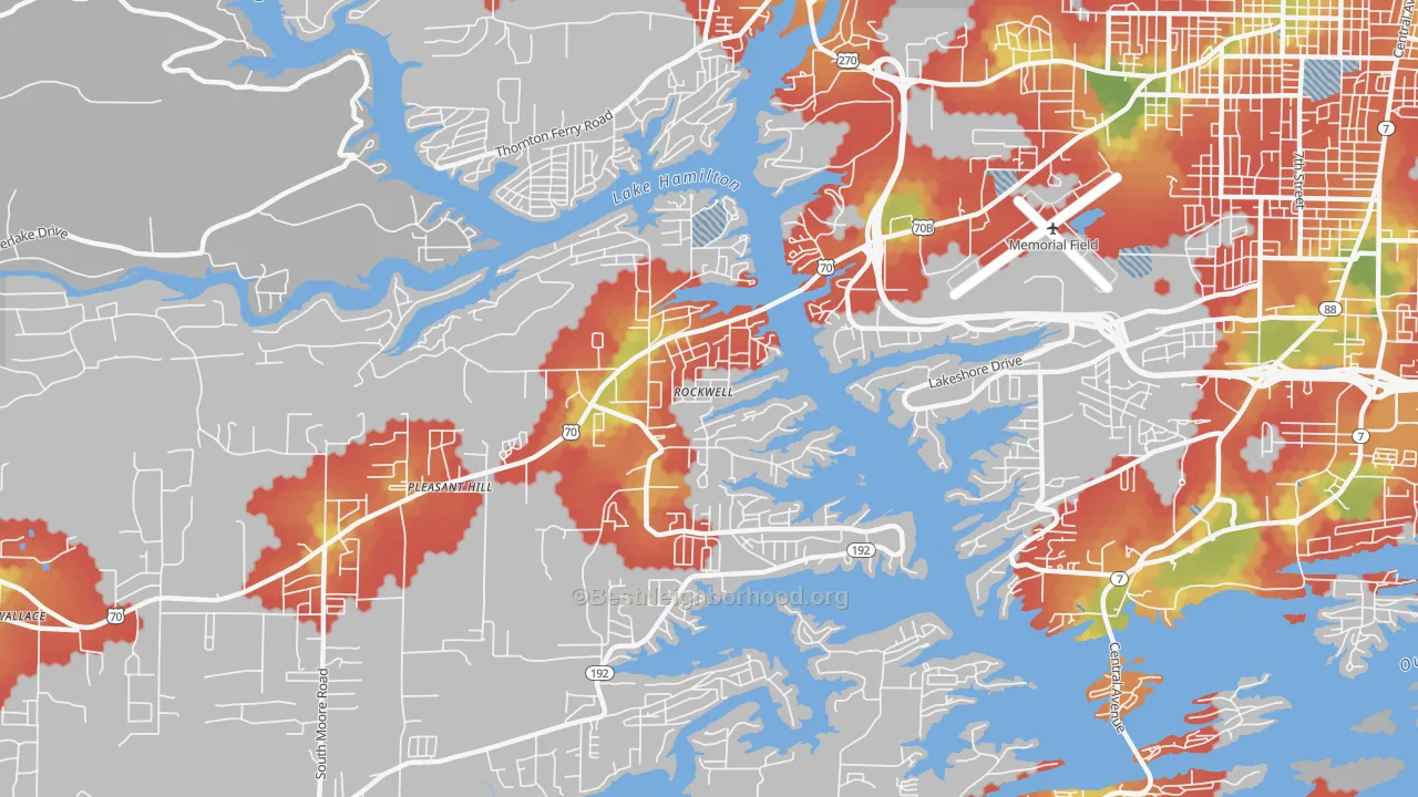 Walk Grade map of Rockwell, AR, walkable areas in green and car-dependent areas in red