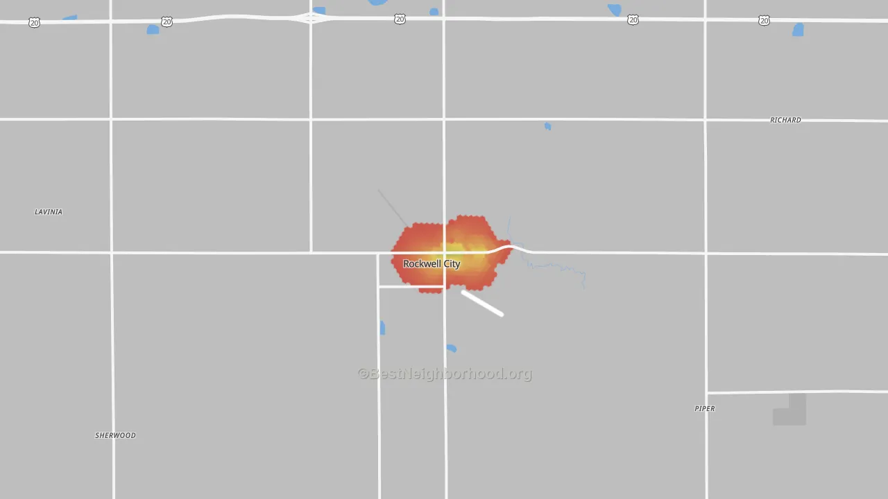 Walk Grade map of Rockwell City, IA, walkable areas in green and car-dependent areas in red