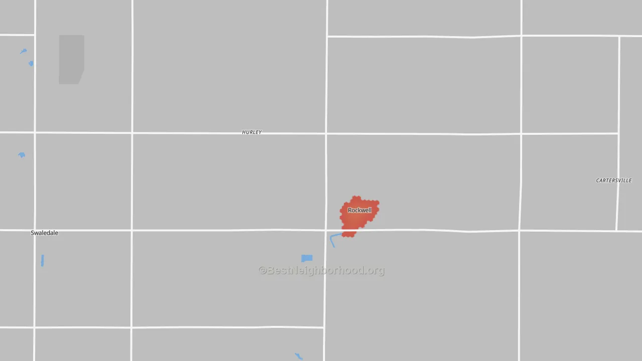 Walk Grade map of Rockwell, IA, walkable areas in green and car-dependent areas in red