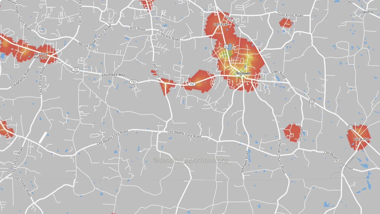 Walk Grade map of Rockwell, NC, walkable areas in green and car-dependent areas in red