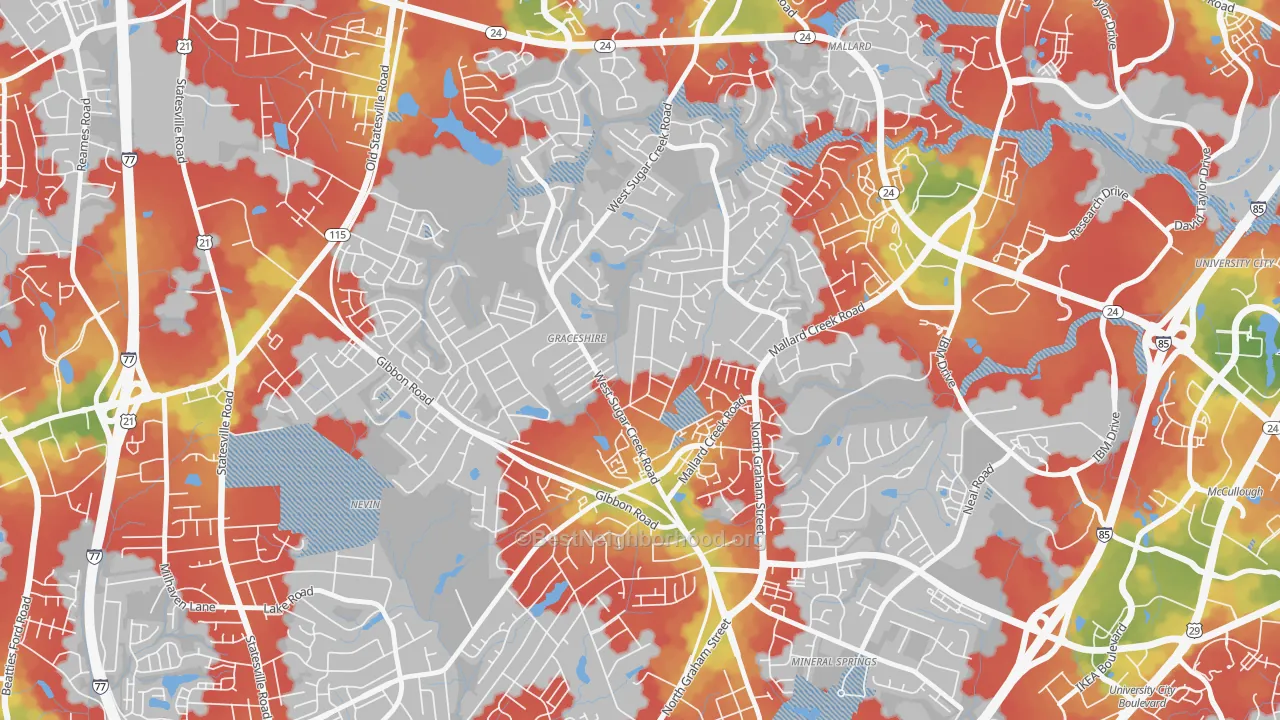 Walk Grade map of Rockwell Park-Hemphill Heights, Charlotte, NC, walkable areas in green and car-dependent areas in red
