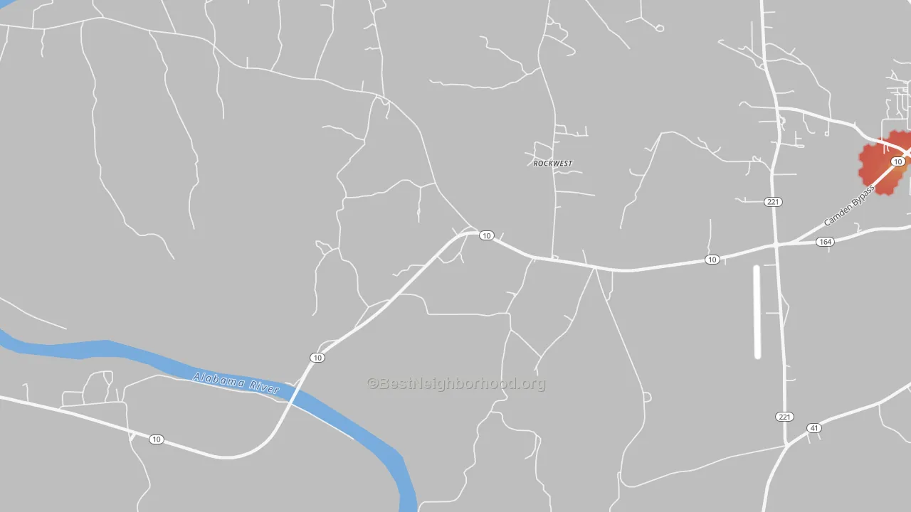Walk Grade map of Rockwest, AL, walkable areas in green and car-dependent areas in red