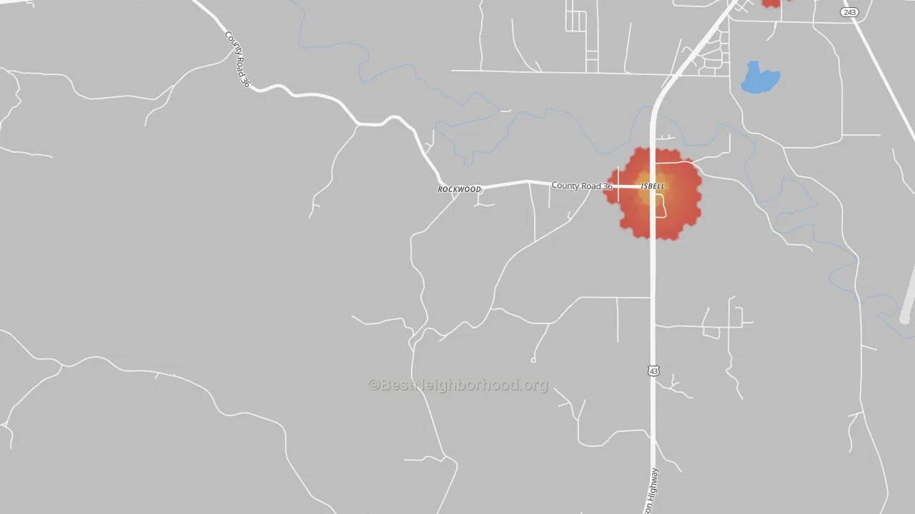 Walk Grade map of Rockwood, AL, walkable areas in green and car-dependent areas in red