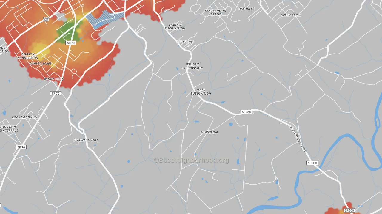 Walk Grade map of Rockwood Hill, TN, walkable areas in green and car-dependent areas in red
