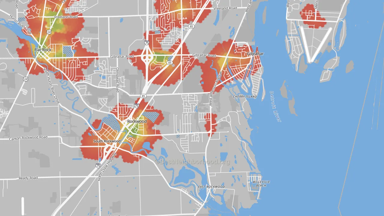 Walk Grade map of Rockwood, MI, walkable areas in green and car-dependent areas in red