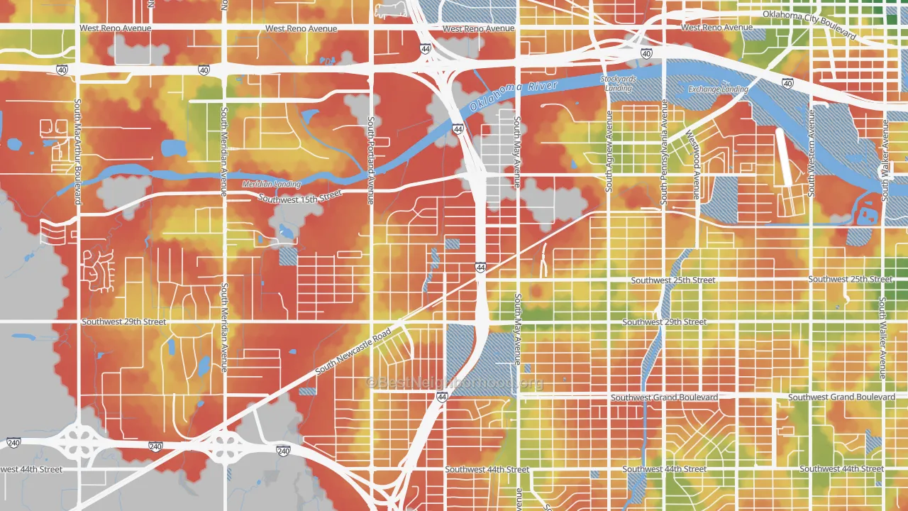 Walk Grade map of Rockwood, Oklahoma City, OK, walkable areas in green and car-dependent areas in red