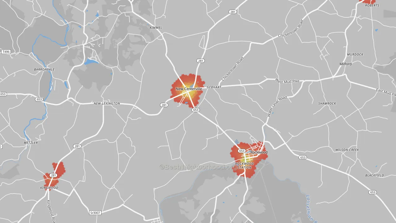 Walk Grade map of Rockwood, PA, walkable areas in green and car-dependent areas in red