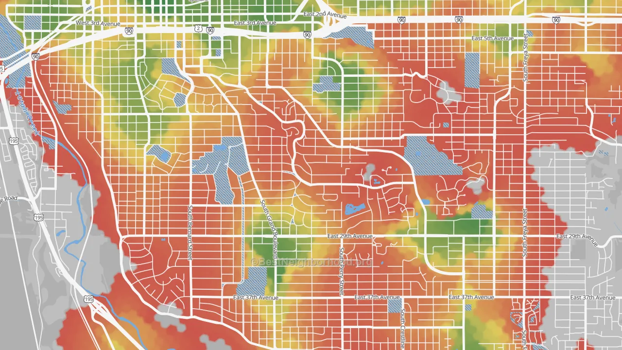 Walk Grade map of Rockwood, Spokane, WA, walkable areas in green and car-dependent areas in red