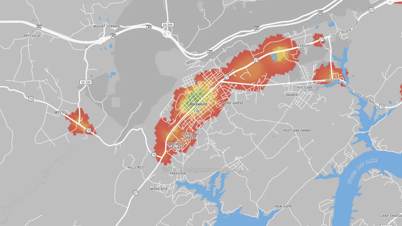 Walk Grade map of Rockwood, TN, walkable areas in green and car-dependent areas in red