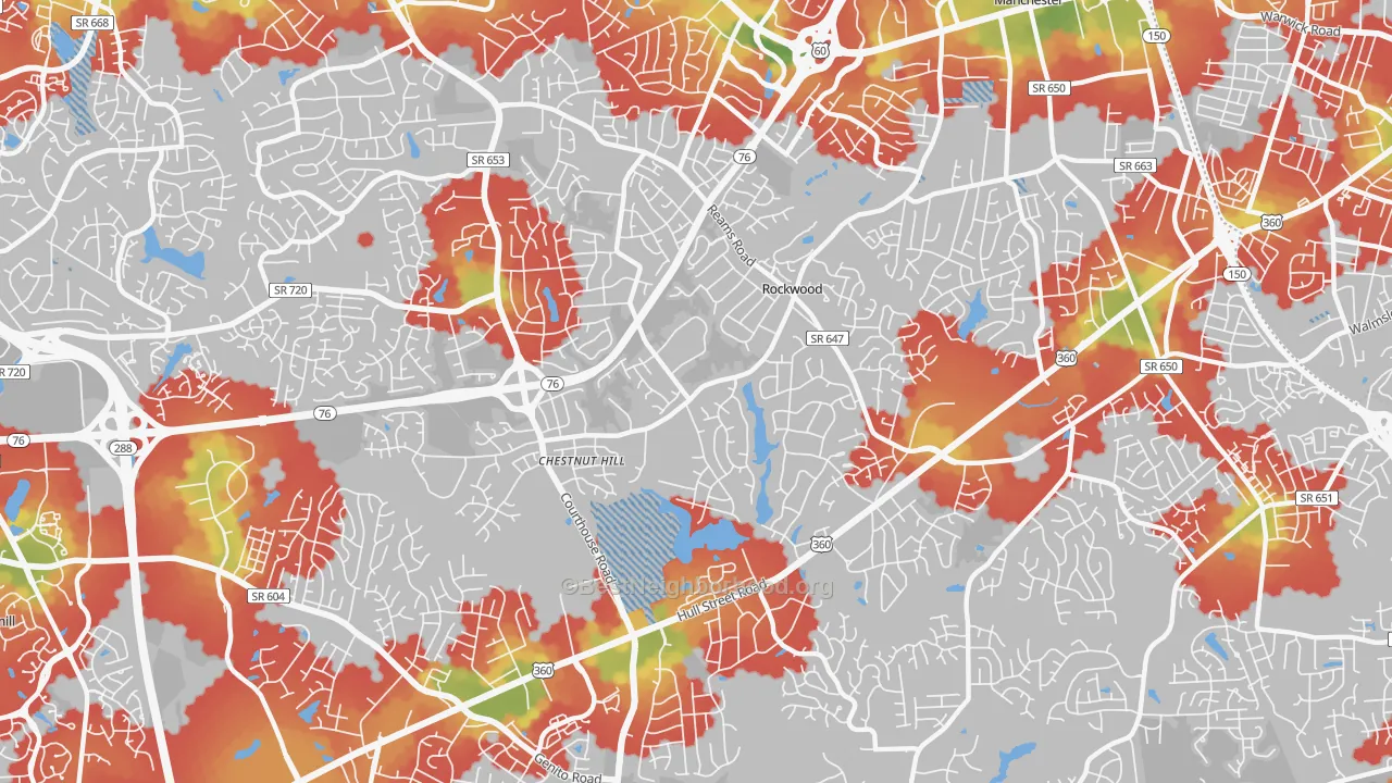 Walk Grade map of Rockwood, VA, walkable areas in green and car-dependent areas in red